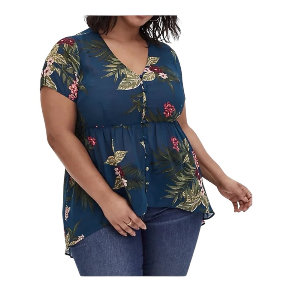 Torrid Chiffon Hi Low Tunic Top Coverup Teal Floral Short Sleeve